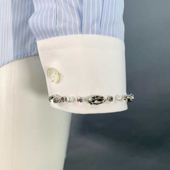 S Blue White Stripe Cotton Crystal Embellishment One Pocket Long Sleeve Shirt - Picture 4 of 10